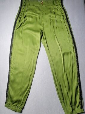 Anthropologie Olive Green Satin Track Pants with Side Trim